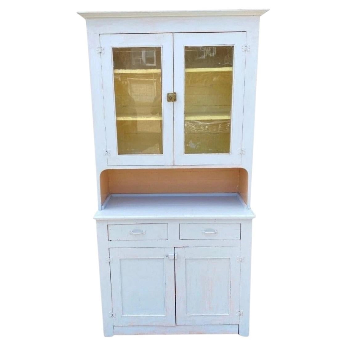 Antique French Country Farmhouse White 2 Piece Step Back Hutch Kitchen Cupboard