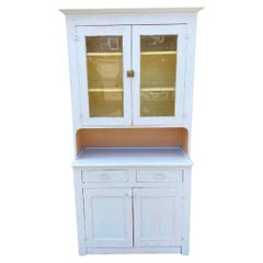 Antique French Country Farmhouse White 2 Piece Step Back Hutch Kitchen Cupboard