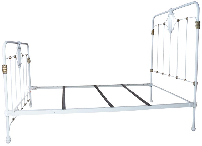 Antique French Country Full Size White and Gold Painted Cast Iron Bed