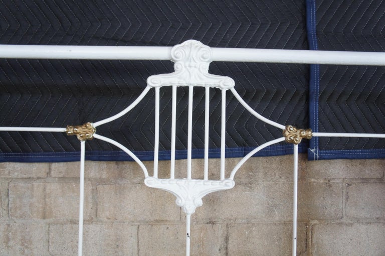 Antique French Country Full Size White and Gold Painted Cast Iron Bed
