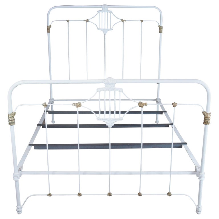 Antique French Country Full Size White and Gold Painted Cast Iron Bed