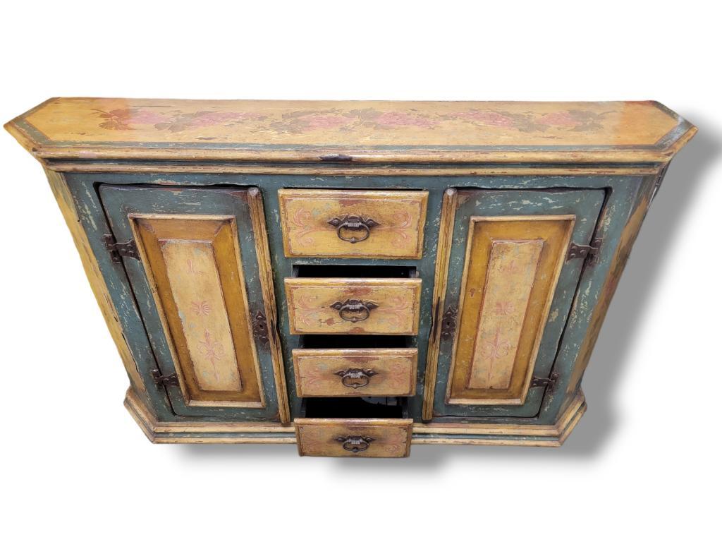 Antique French Country Hand Painted Floral Motif Sideboard/Credenza
Gorgeous Antique French Country Hand Painted Floral Motif 2 Door, 4 Drawer French Farmhouse Sideboard Storage Chest. Beautiful Natural Organic Patina, Solid Beautiful Antique
