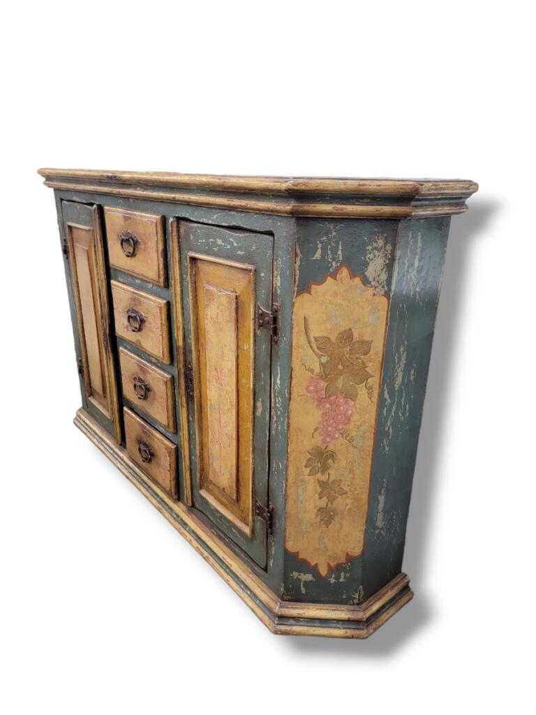 Hand-Carved Antique French Country Hand Painted Floral Motif Sideboard/Credenza For Sale