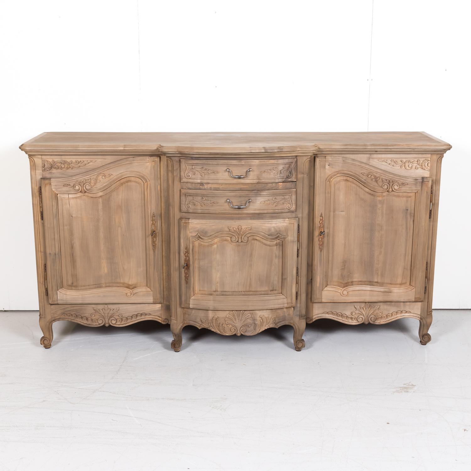 Walnut Antique French Country Louis XV Style Bleached Serpentine Front Enfilade Buffet
