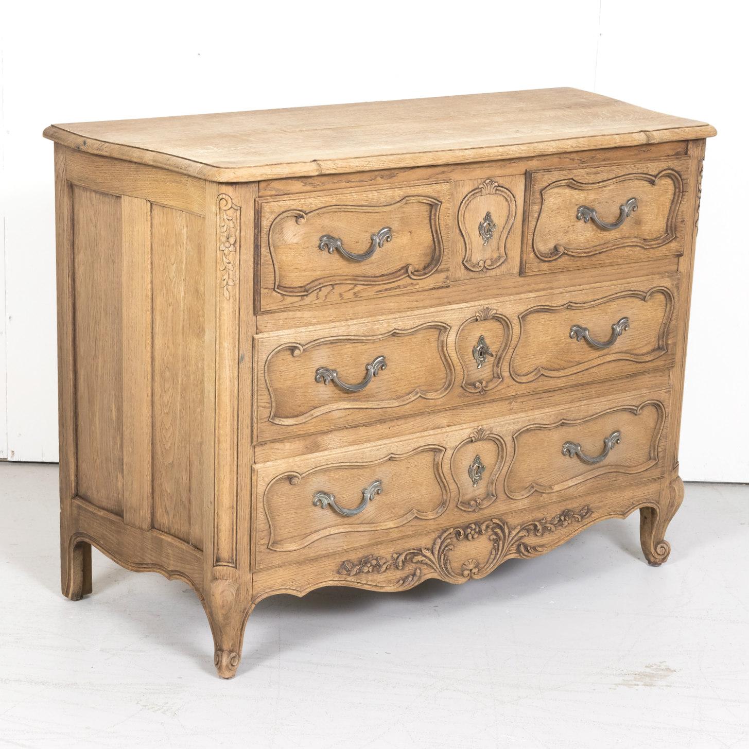 Antique French Country Louis XV Style Carved Bleached Oak Four-Drawer Commode  In Good Condition In Birmingham, AL