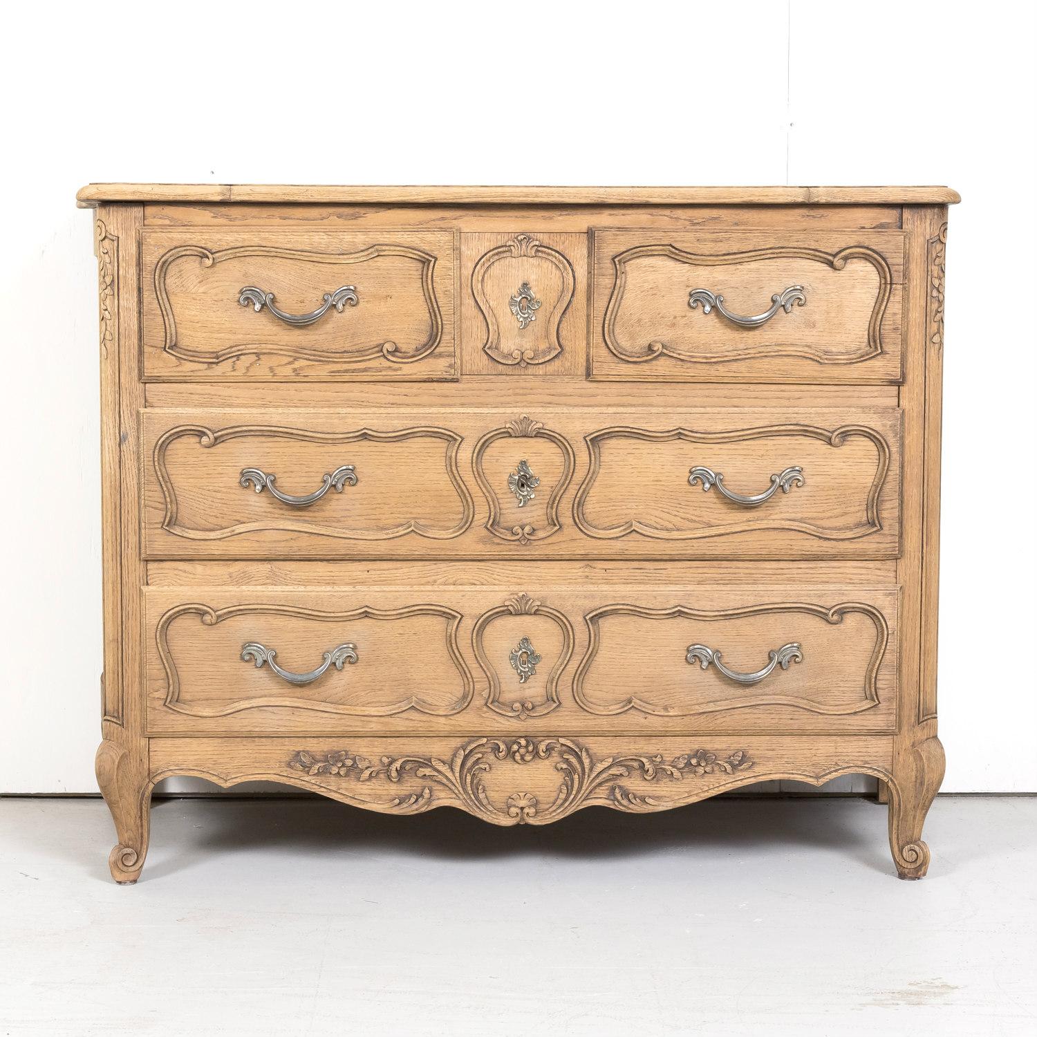 Early 20th Century Antique French Country Louis XV Style Carved Bleached Oak Four-Drawer Commode 