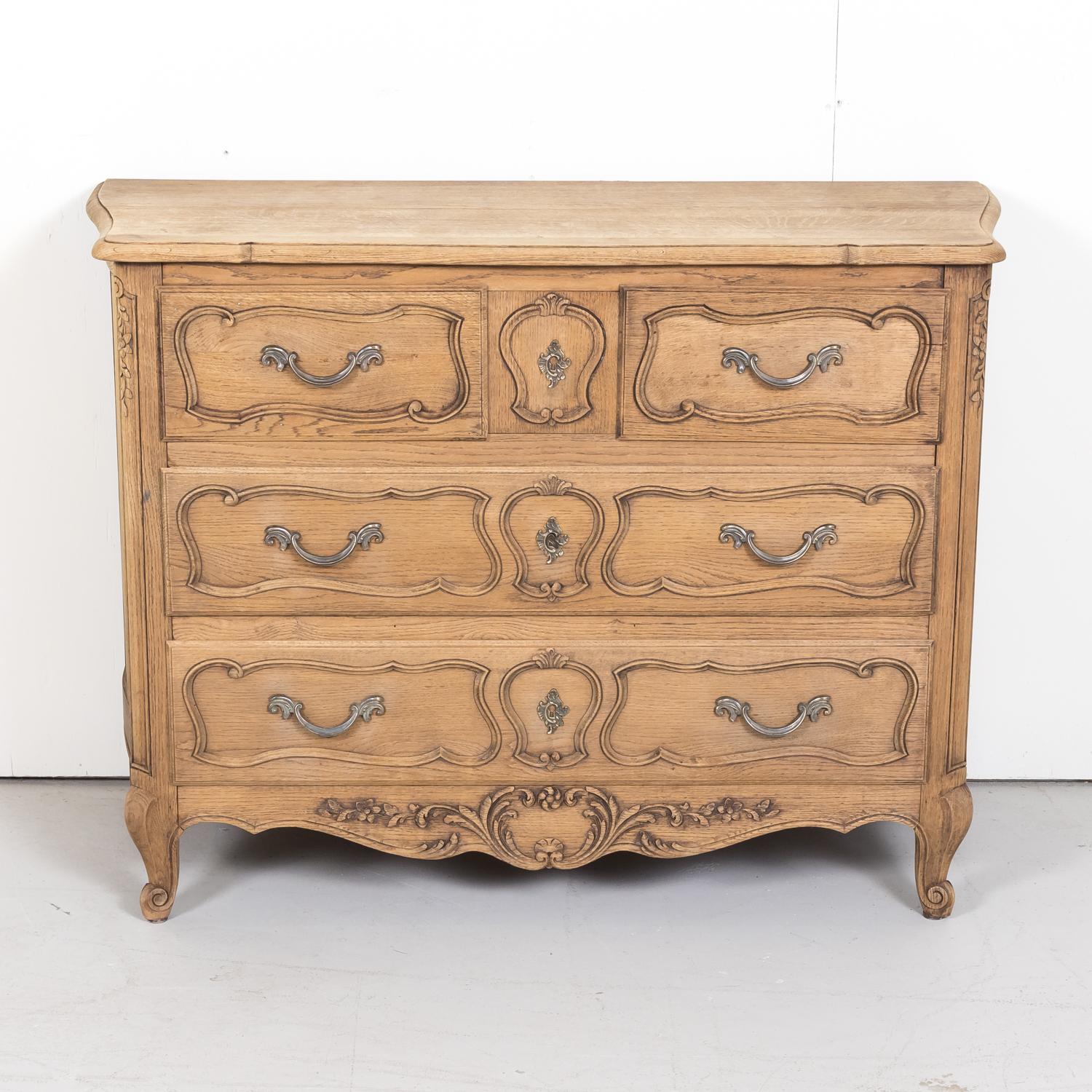 Antique French Country Louis XV Style Carved Bleached Oak Four-Drawer Commode  1