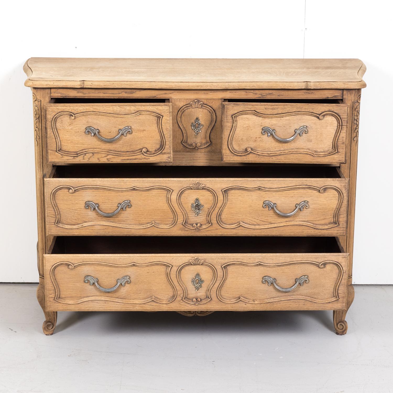 Antique French Country Louis XV Style Carved Bleached Oak Four-Drawer Commode  2