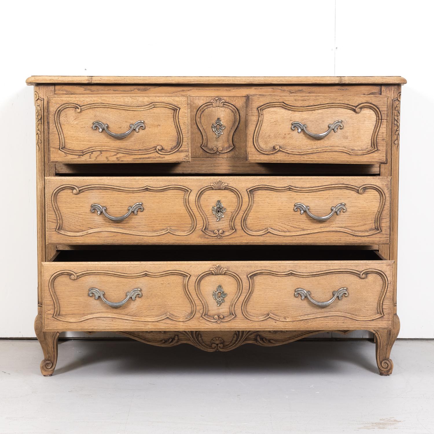 Antique French Country Louis XV Style Carved Bleached Oak Four-Drawer Commode  3