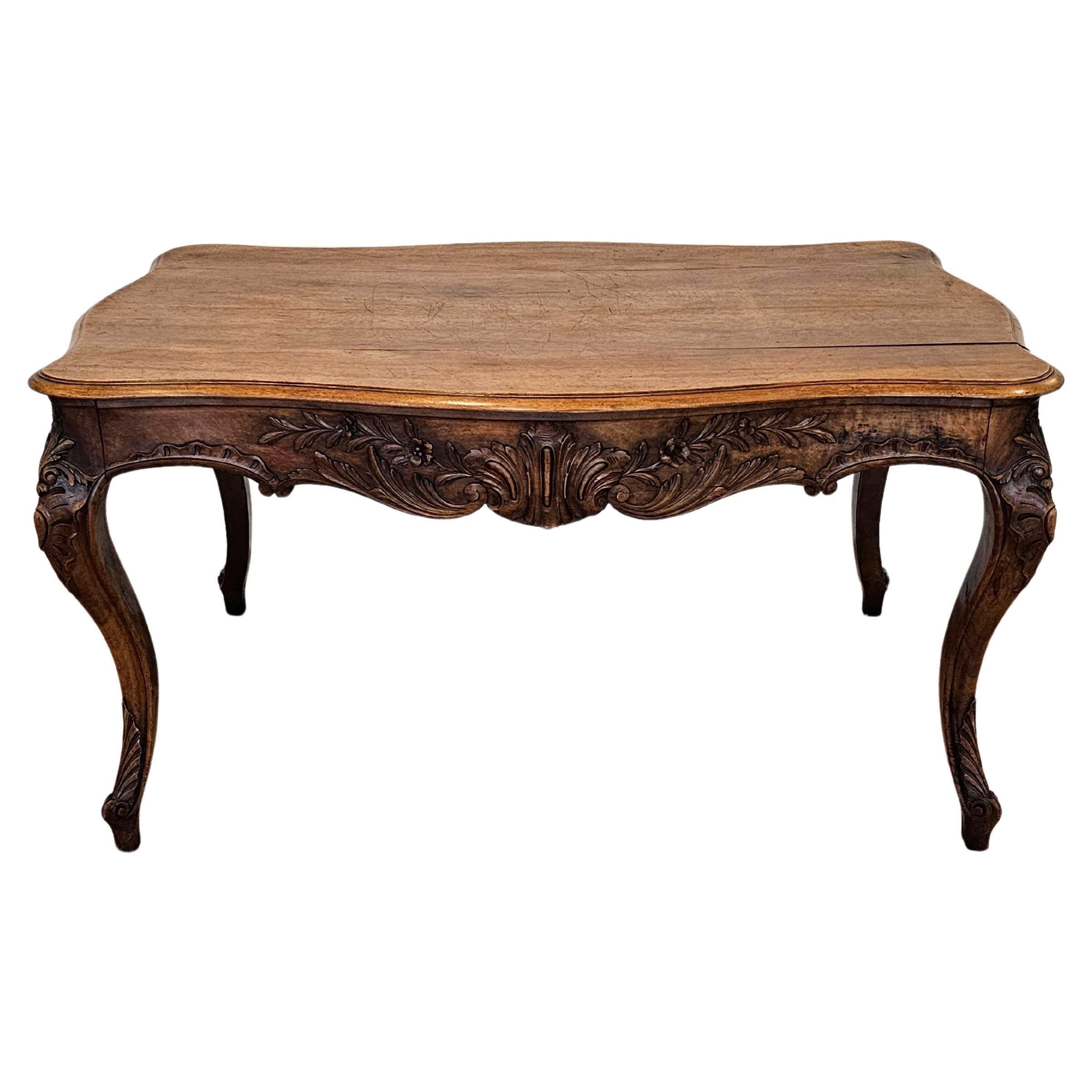 Antique French Country Louis XV Style Carved Walnut Center Table  For Sale