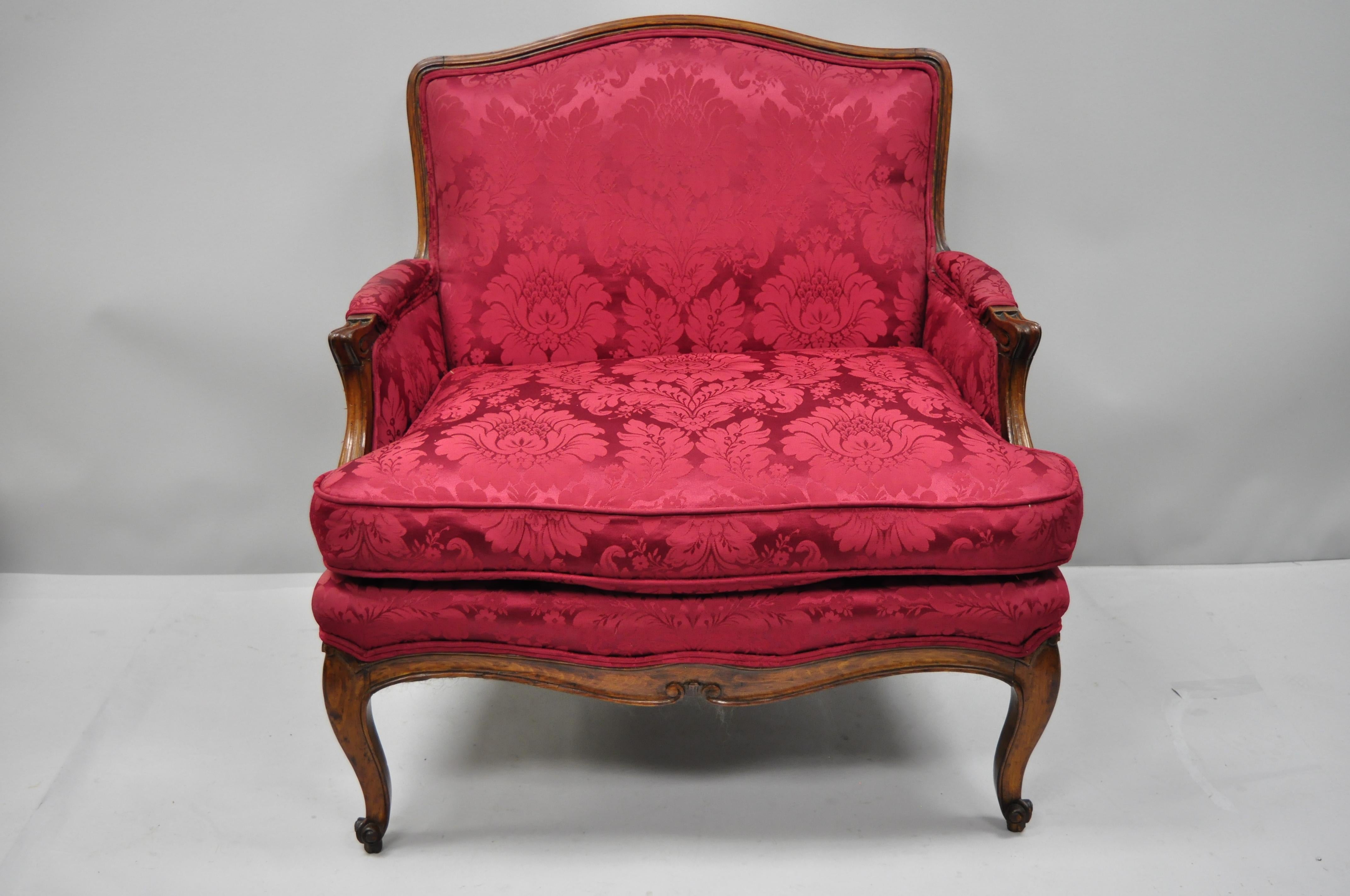 Antique French Country Louis XV Style Walnut Burgundy Small Wingback Settee For Sale 6