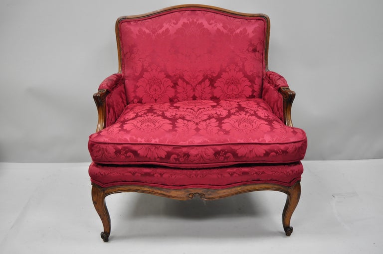 Antique French Country Louis XV Style Walnut Burgundy Small Wingback Settee For Sale 7