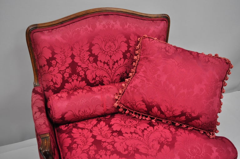 Carved Antique French Country Louis XV Style Walnut Burgundy Small Wingback Settee For Sale
