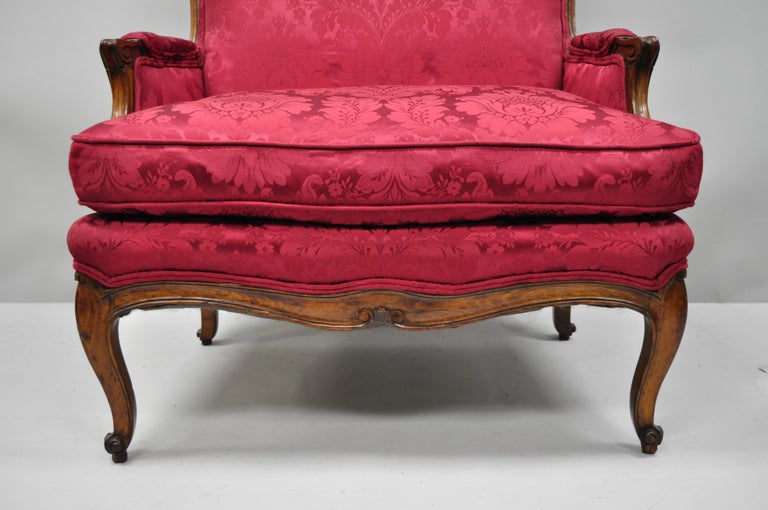 Antique French Country Louis XV Style Walnut Burgundy Small Wingback Settee In Good Condition For Sale In Philadelphia, PA