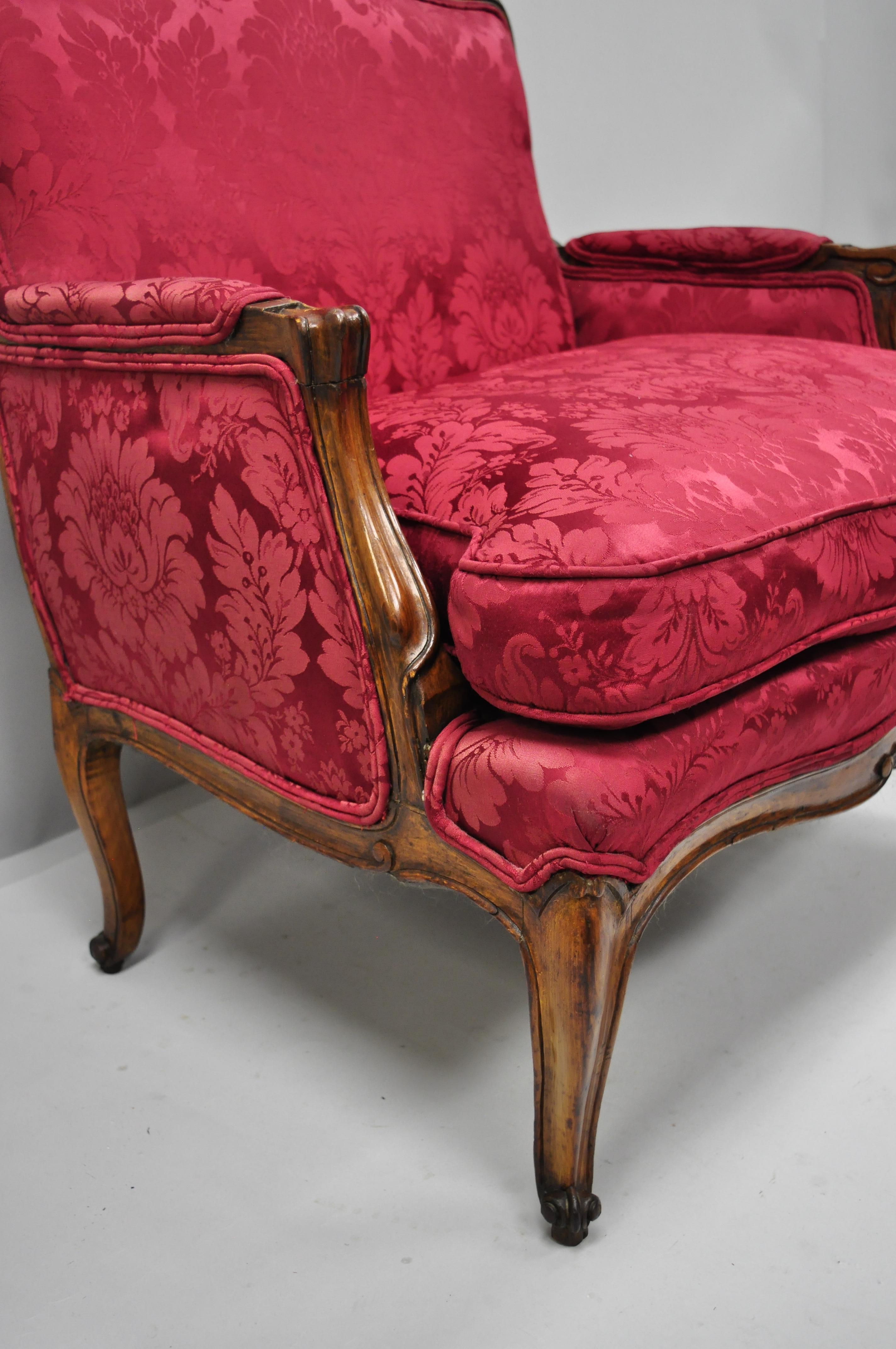 Antique French Country Louis XV Style Walnut Burgundy Small Wingback Settee In Good Condition In Philadelphia, PA