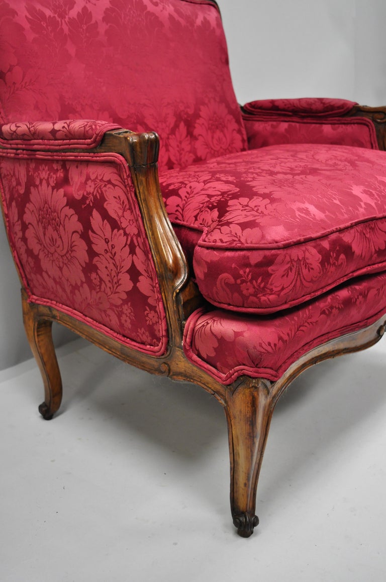 20th Century Antique French Country Louis XV Style Walnut Burgundy Small Wingback Settee For Sale