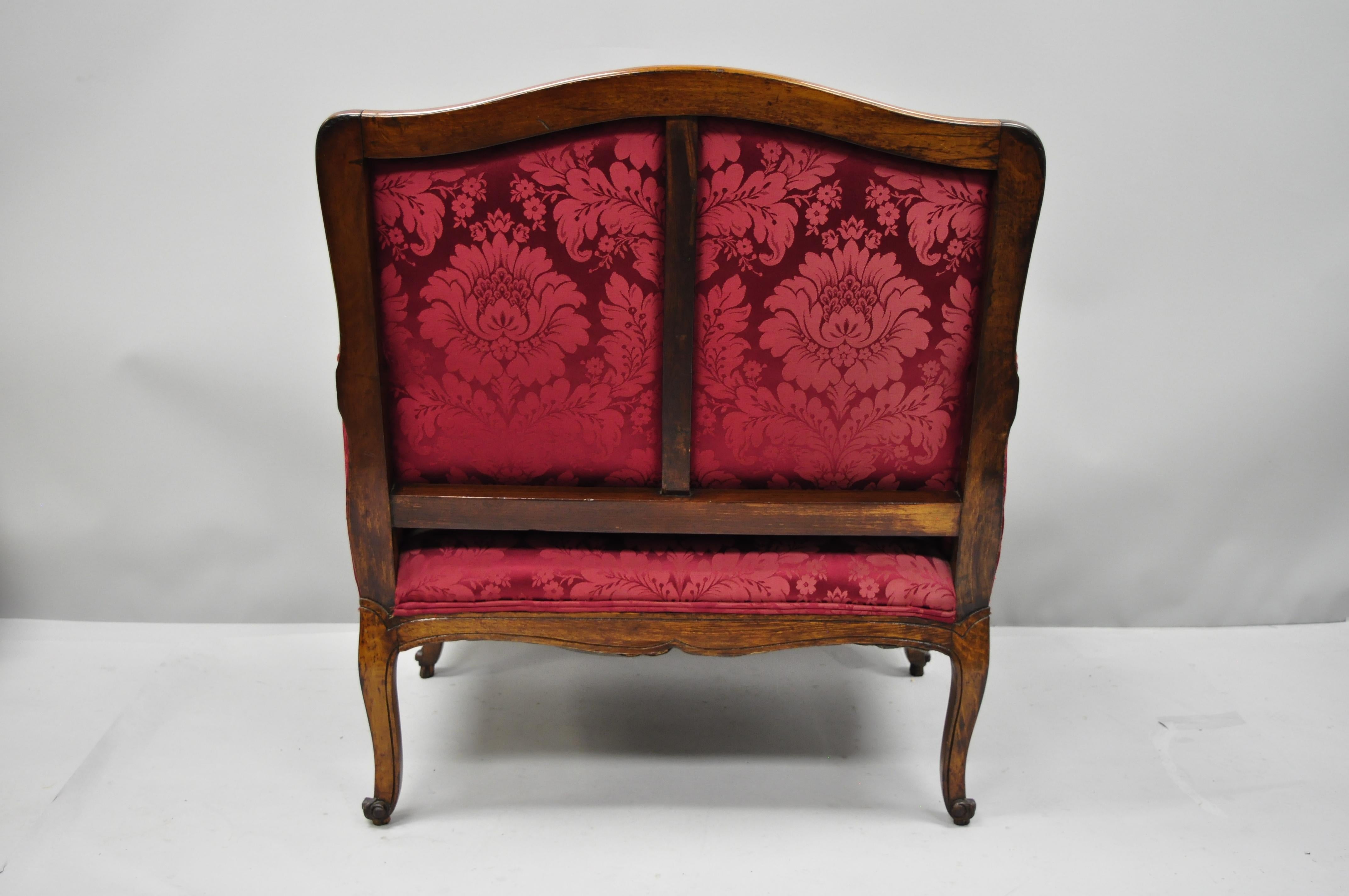 20th Century Antique French Country Louis XV Style Walnut Burgundy Small Wingback Settee For Sale