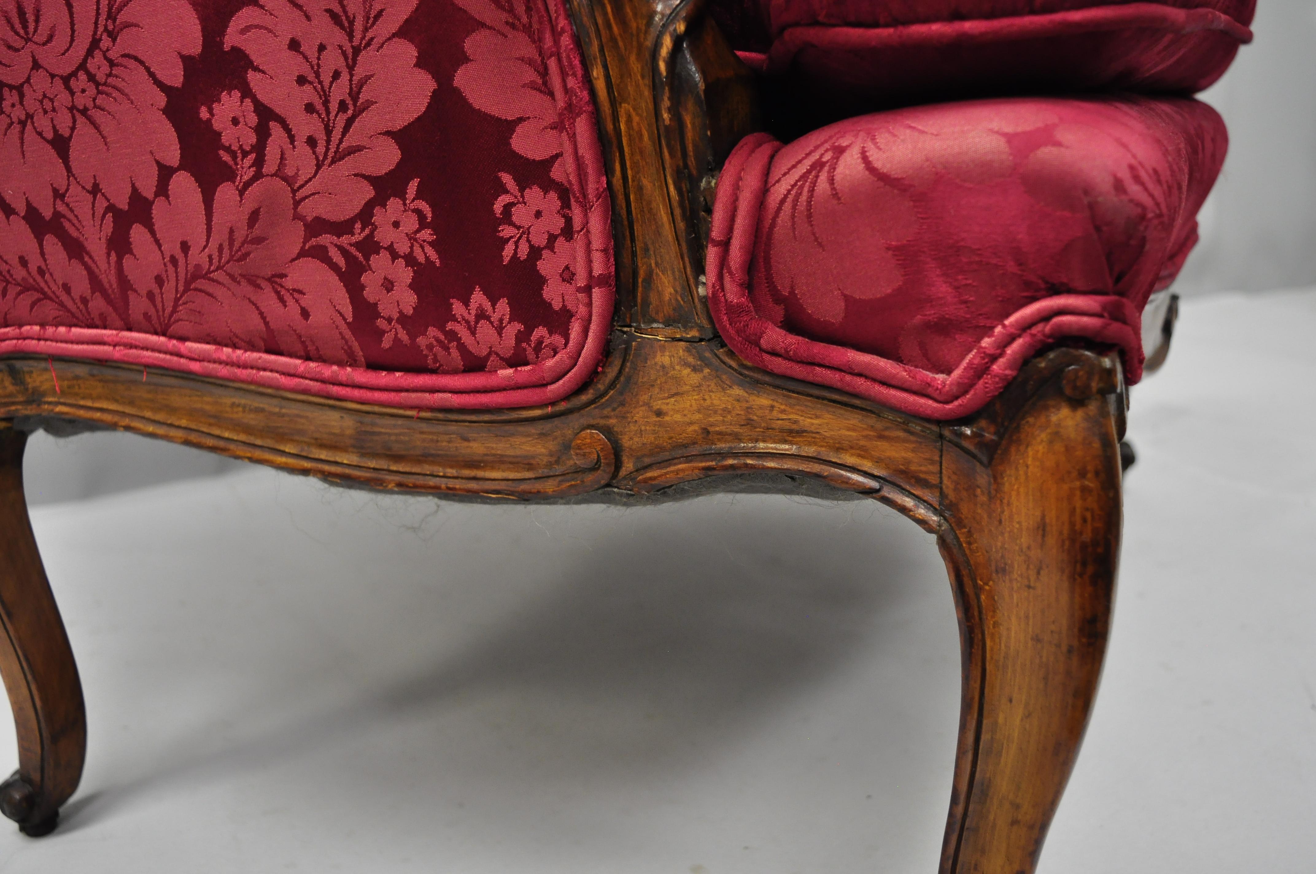 Antique French Country Louis XV Style Walnut Burgundy Small Wingback Settee For Sale 1