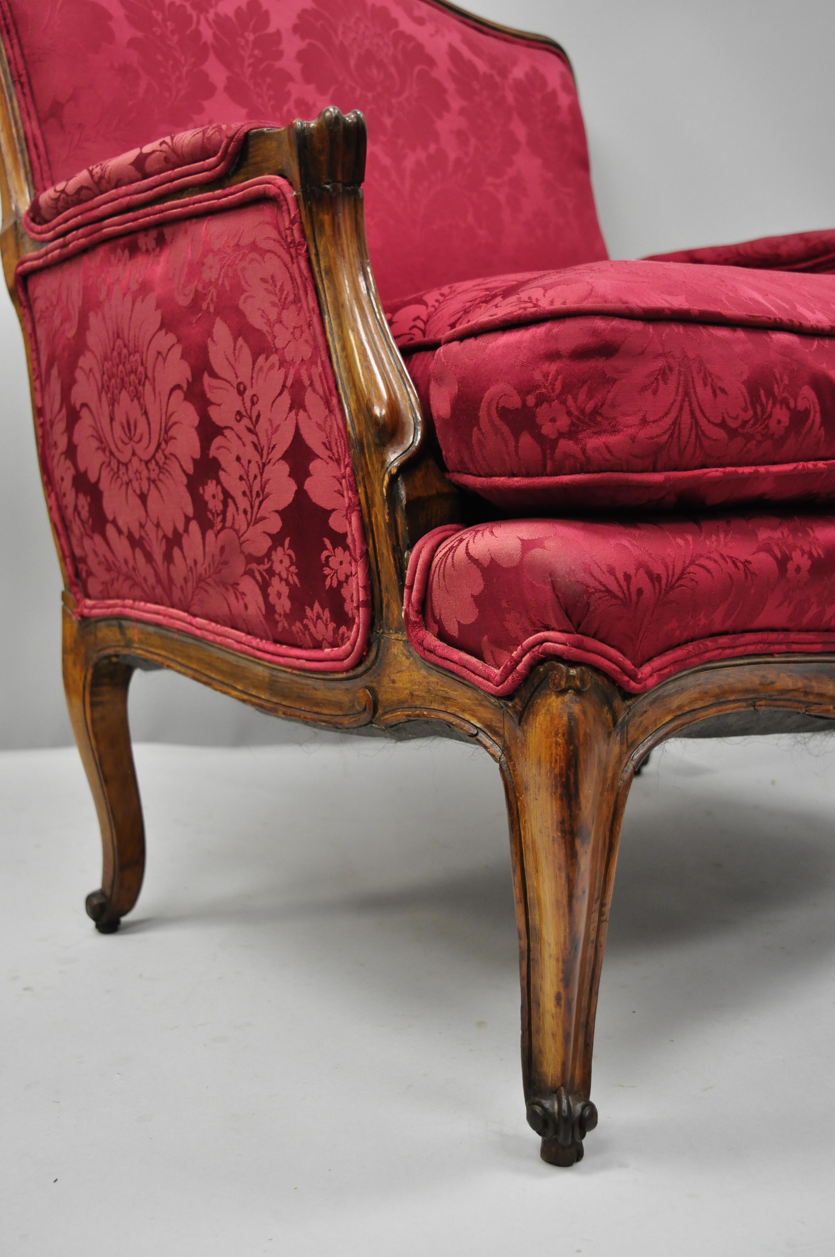 Antique French Country Louis XV Style Walnut Burgundy Small Wingback Settee For Sale 2