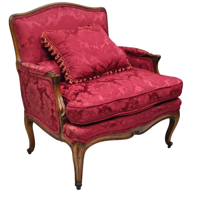 Antique French Country Louis XV Style Walnut Burgundy Small Wingback Settee For Sale