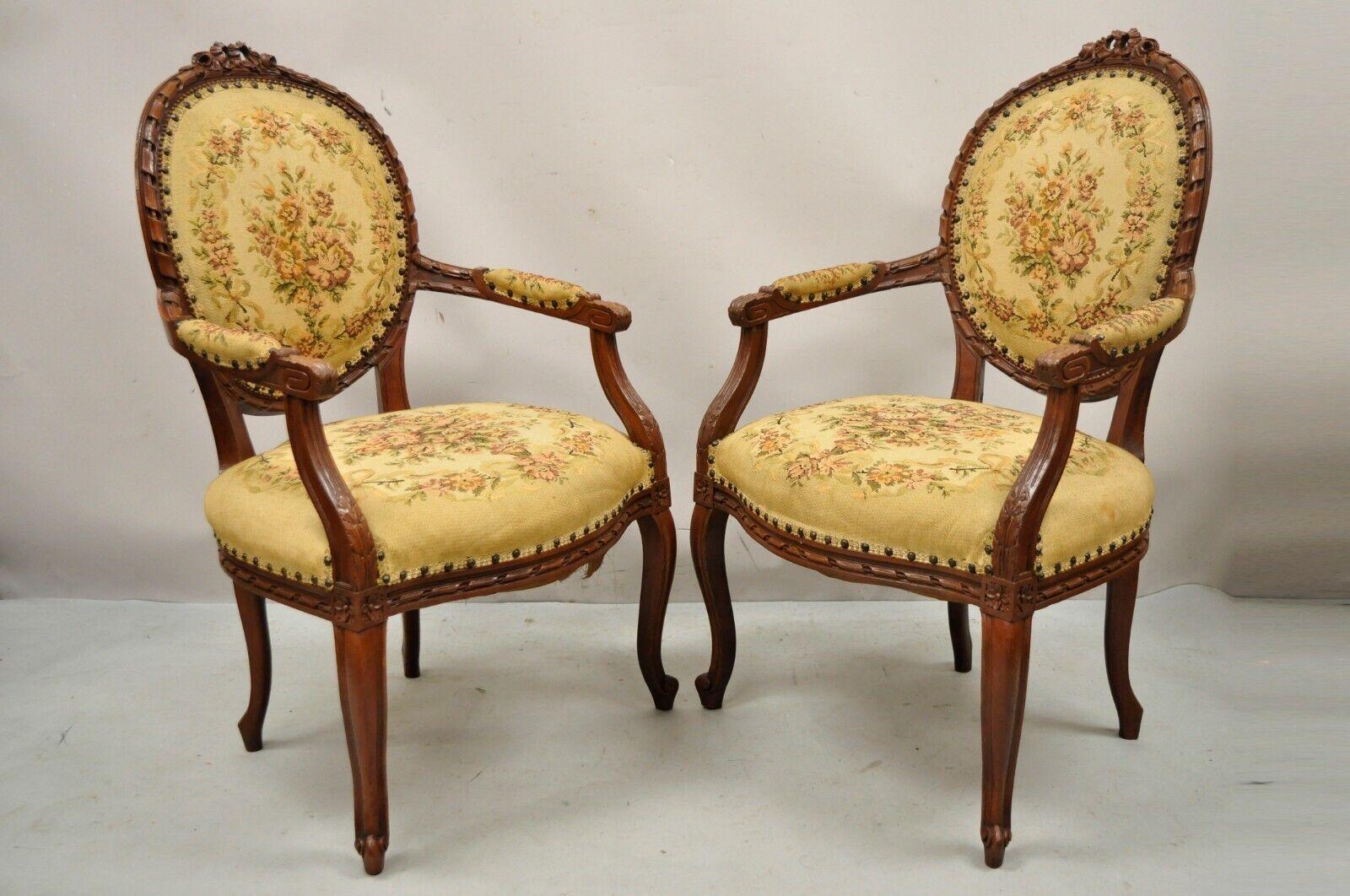 Antique French Country Louis XV Victorian Floral Tapestry Arm Chairs, a Pair For Sale 6