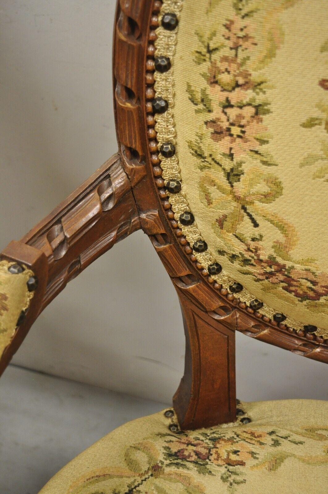 20th Century Antique French Country Louis XV Victorian Floral Tapestry Arm Chairs, a Pair For Sale
