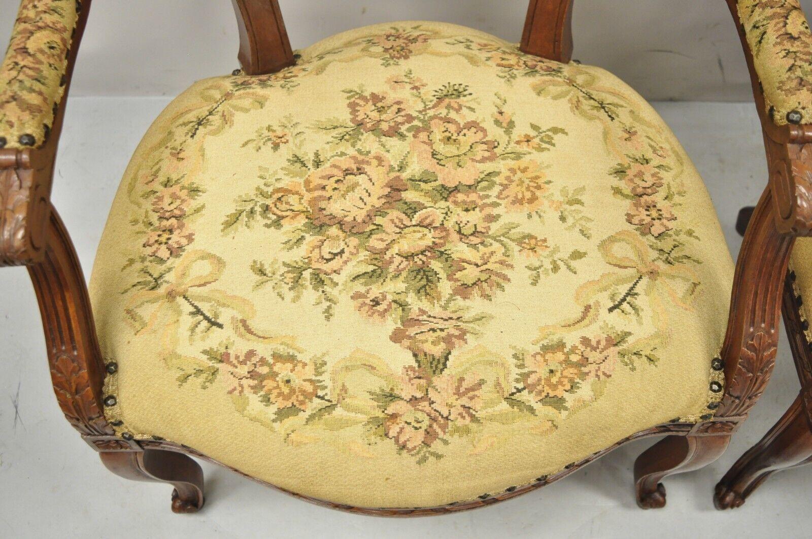 Wood Antique French Country Louis XV Victorian Floral Tapestry Arm Chairs, a Pair For Sale