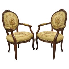 Antique French Country Louis XV Victorian Floral Tapestry Arm Chairs, a Pair