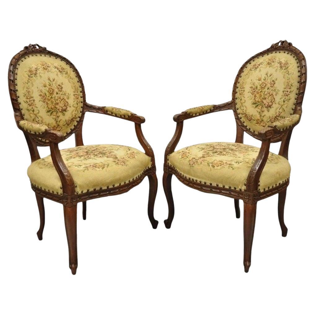 Antique French Country Louis XV Victorian Floral Tapestry Arm Chairs - a Pair For Sale