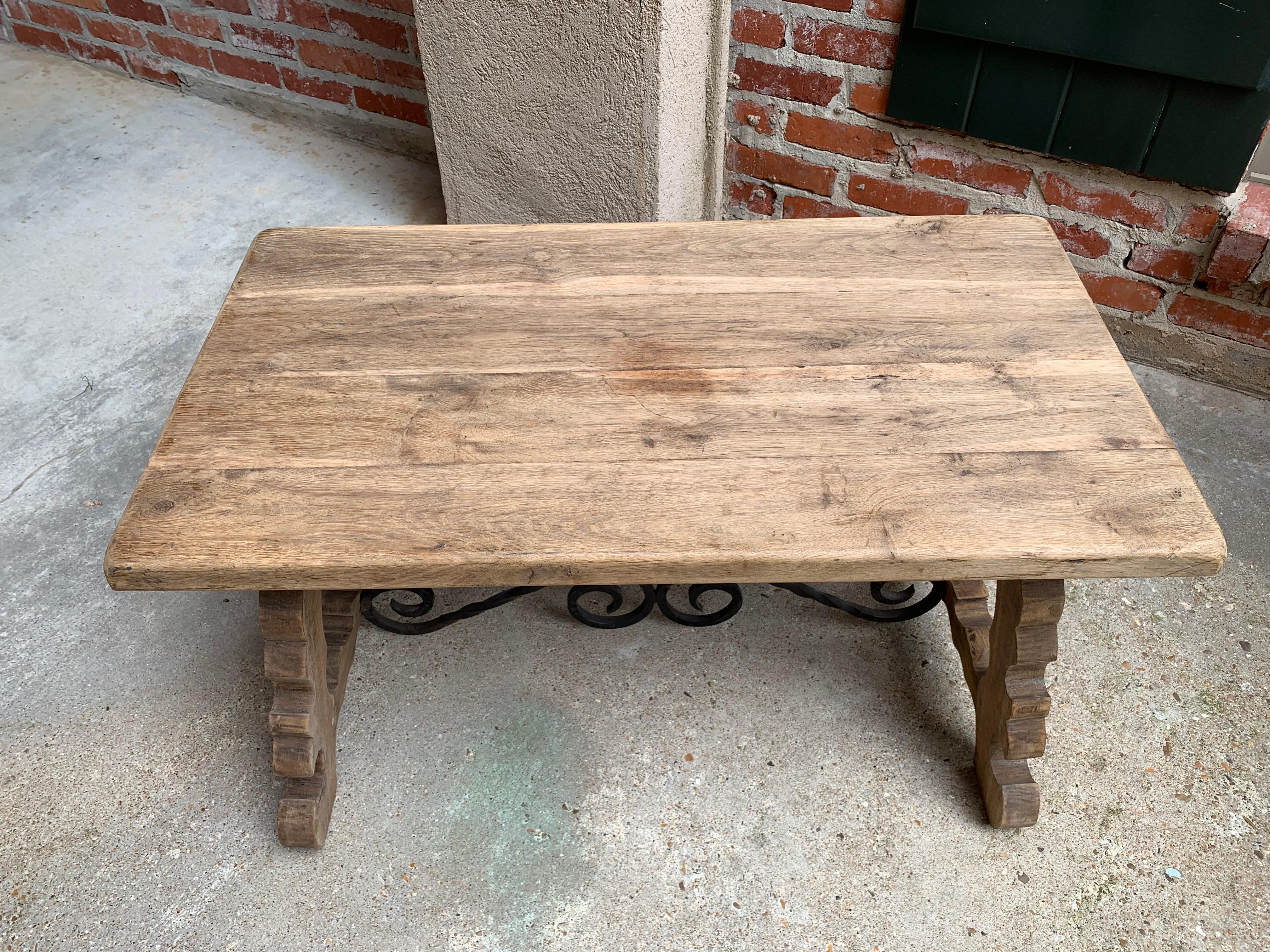 Antique French Country Oak Coffee Table Bench Catalan Spanish Iron Bleached 3