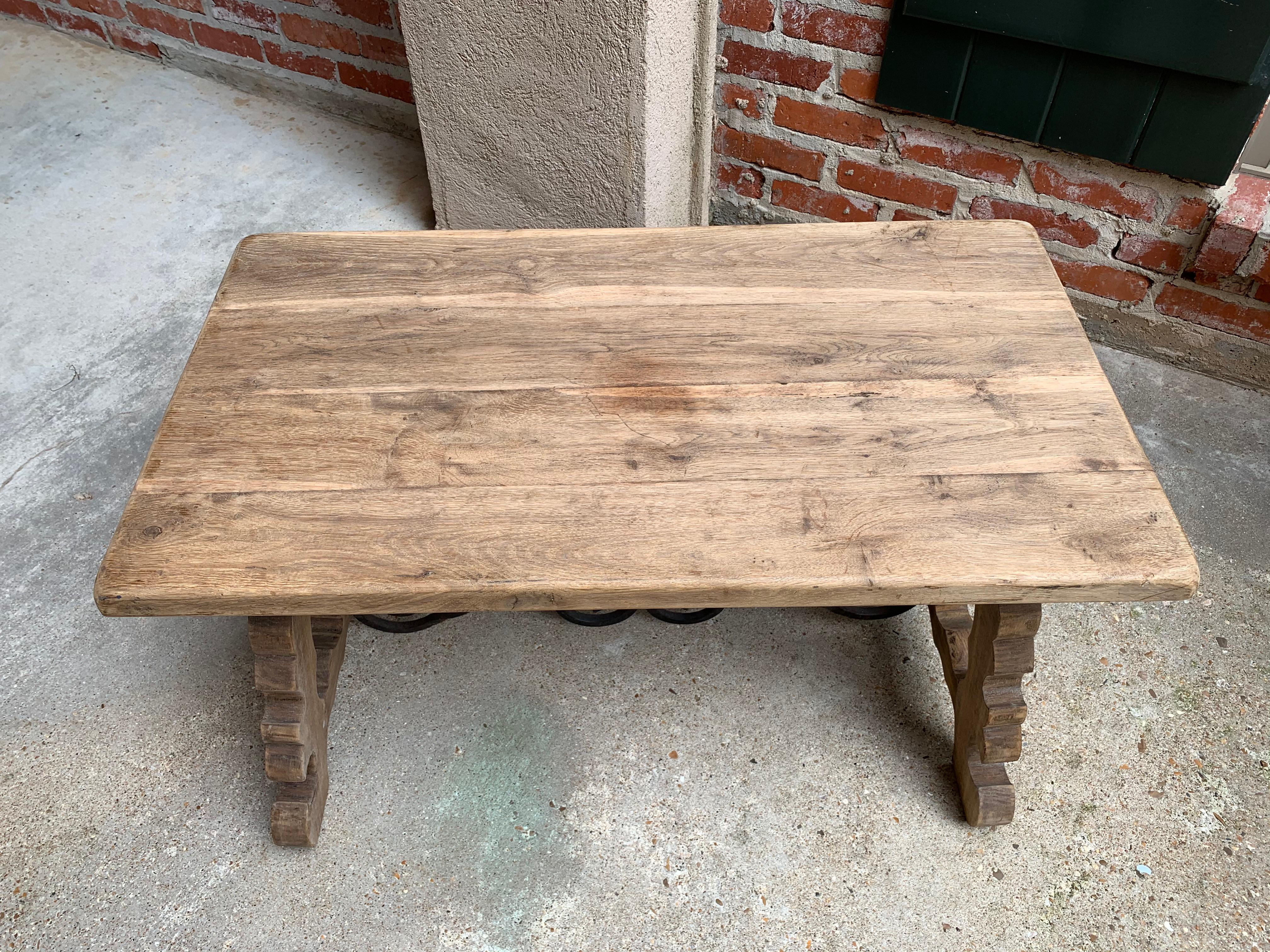 Antique French Country Oak Coffee Table Bench Catalan Spanish Iron Bleached In Good Condition In Shreveport, LA