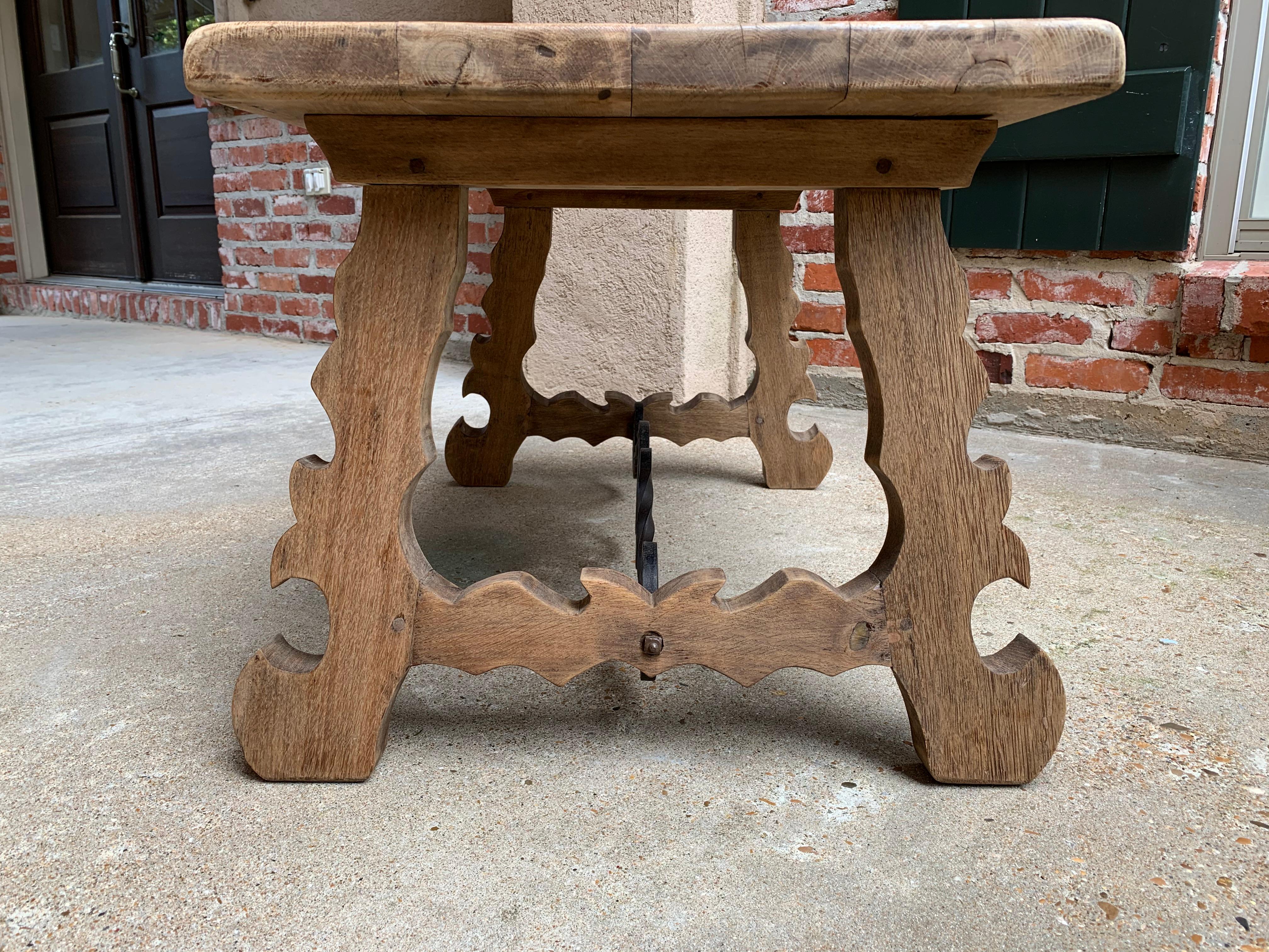 20th Century Antique French Country Oak Coffee Table Bench Catalan Spanish Iron Bleached