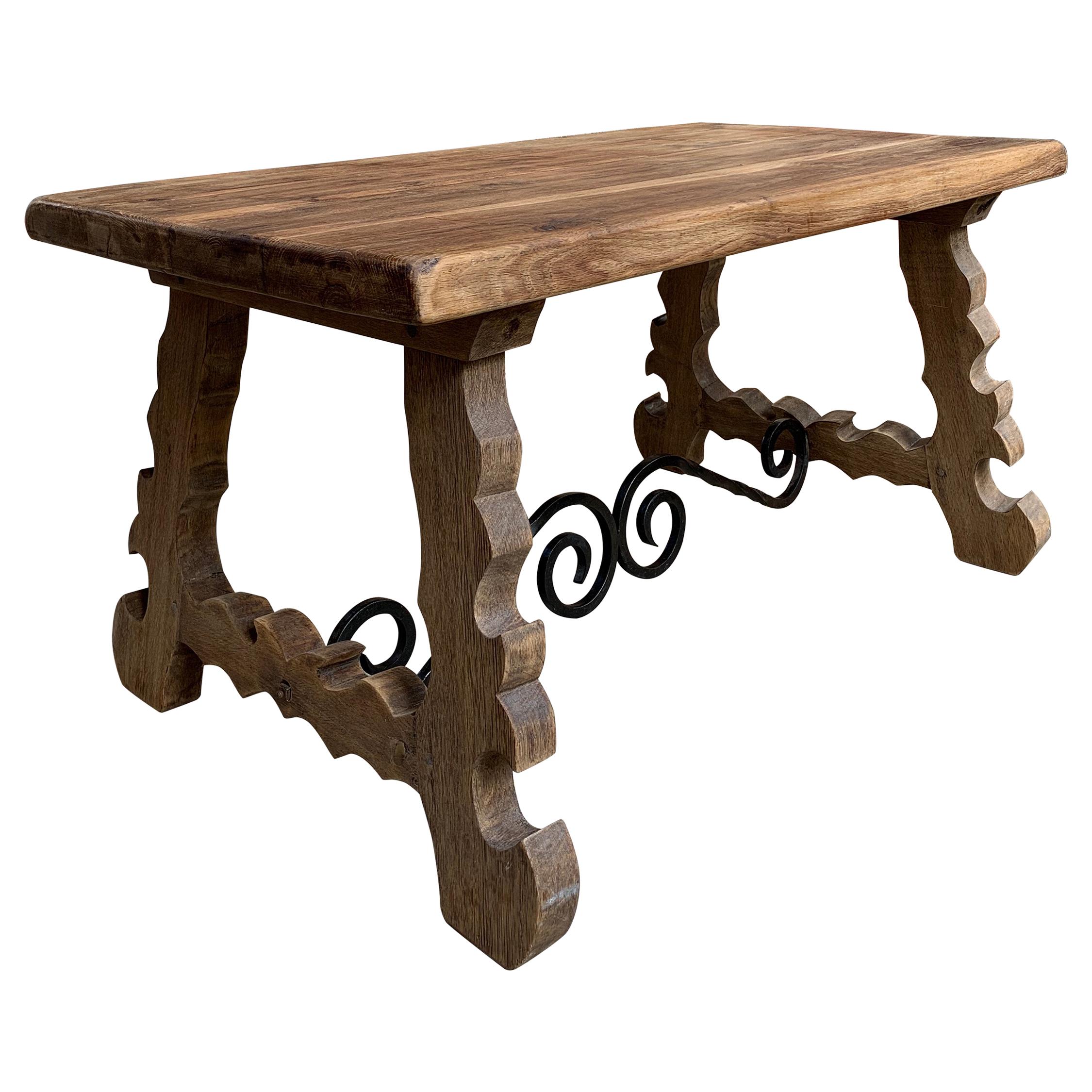Antique French Country Oak Coffee Table Bench Catalan Spanish Iron Bleached