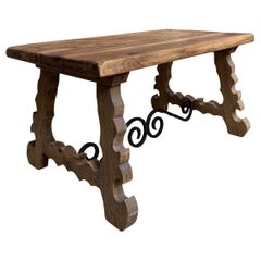 Antique French Country Oak Coffee Table Bench Catalan Spanish Iron Bleached