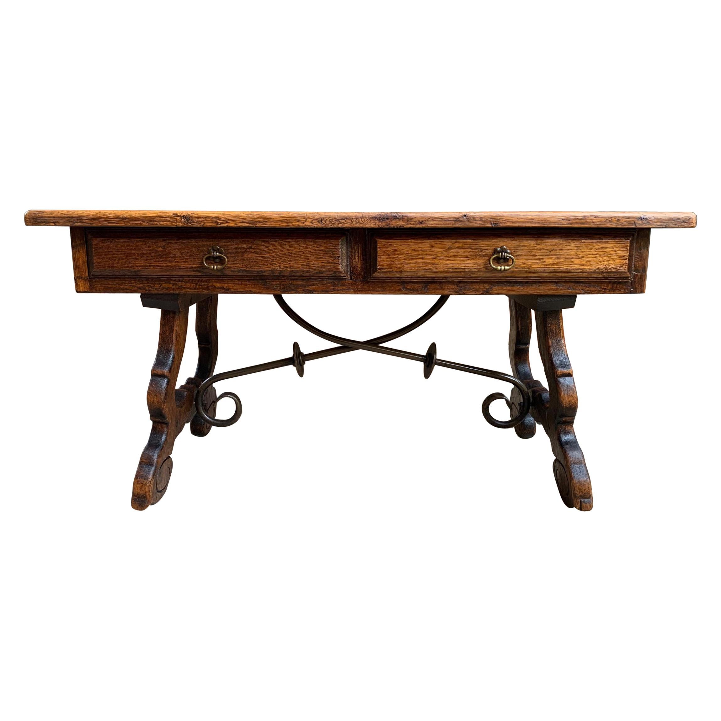 Antique French Country Oak Coffee Table Bench Spanish Catalan Ranch
