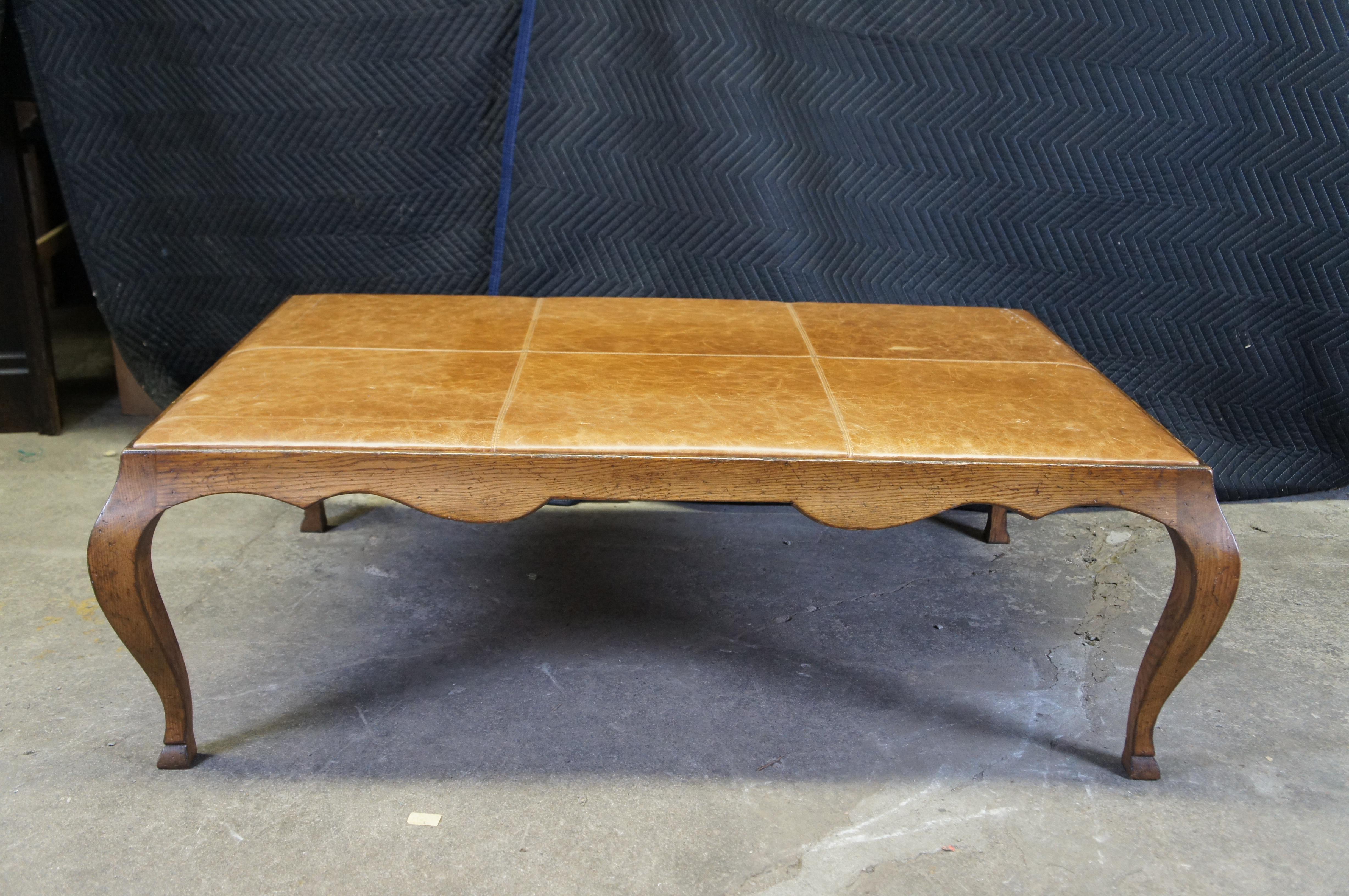 French Country Oak Leather Coffee Cocktail Table Ottoman 58