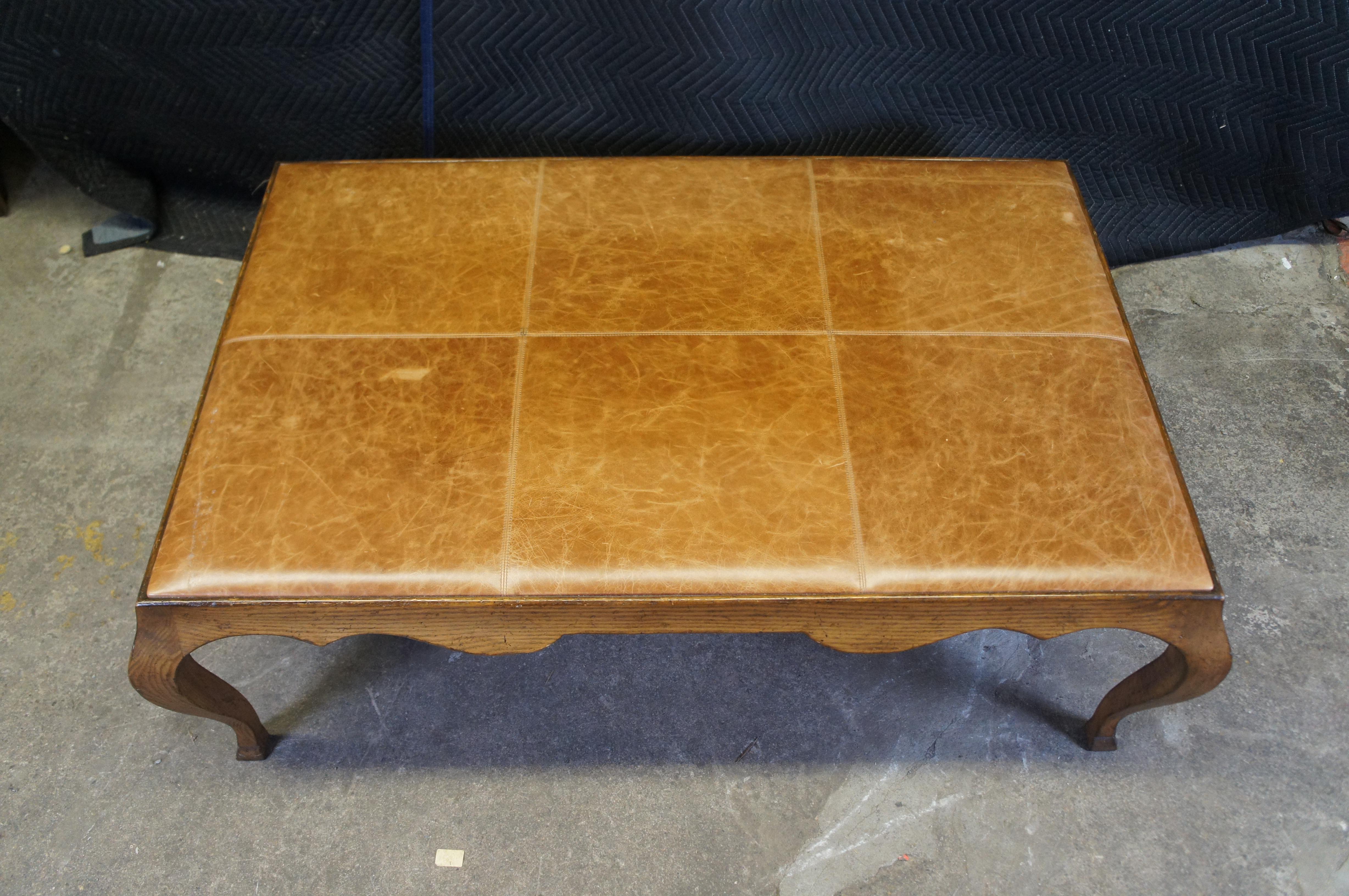 French Country Oak Leather Coffee Cocktail Table Ottoman 58