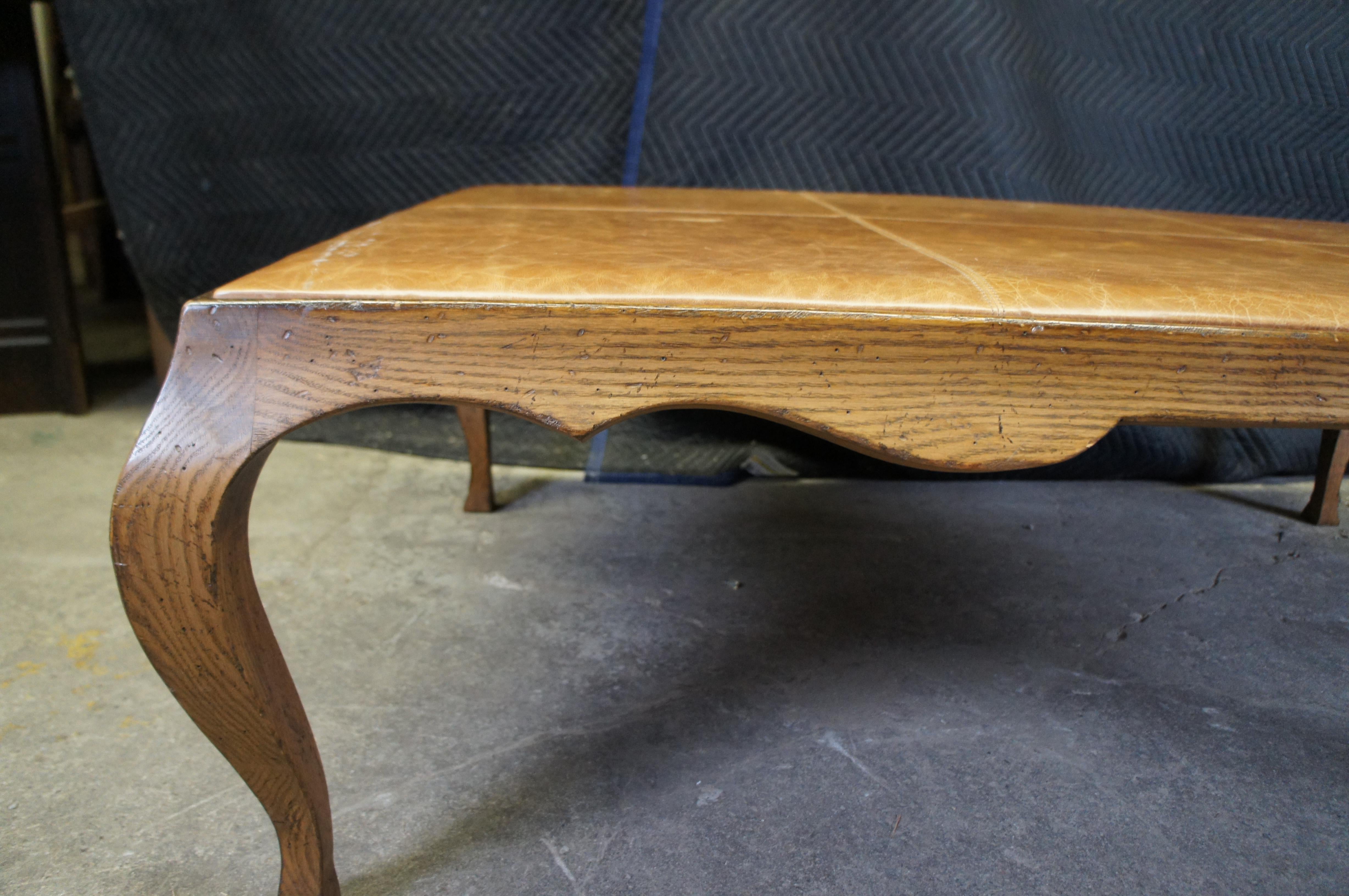 French Country Oak Leather Coffee Cocktail Table Ottoman 58