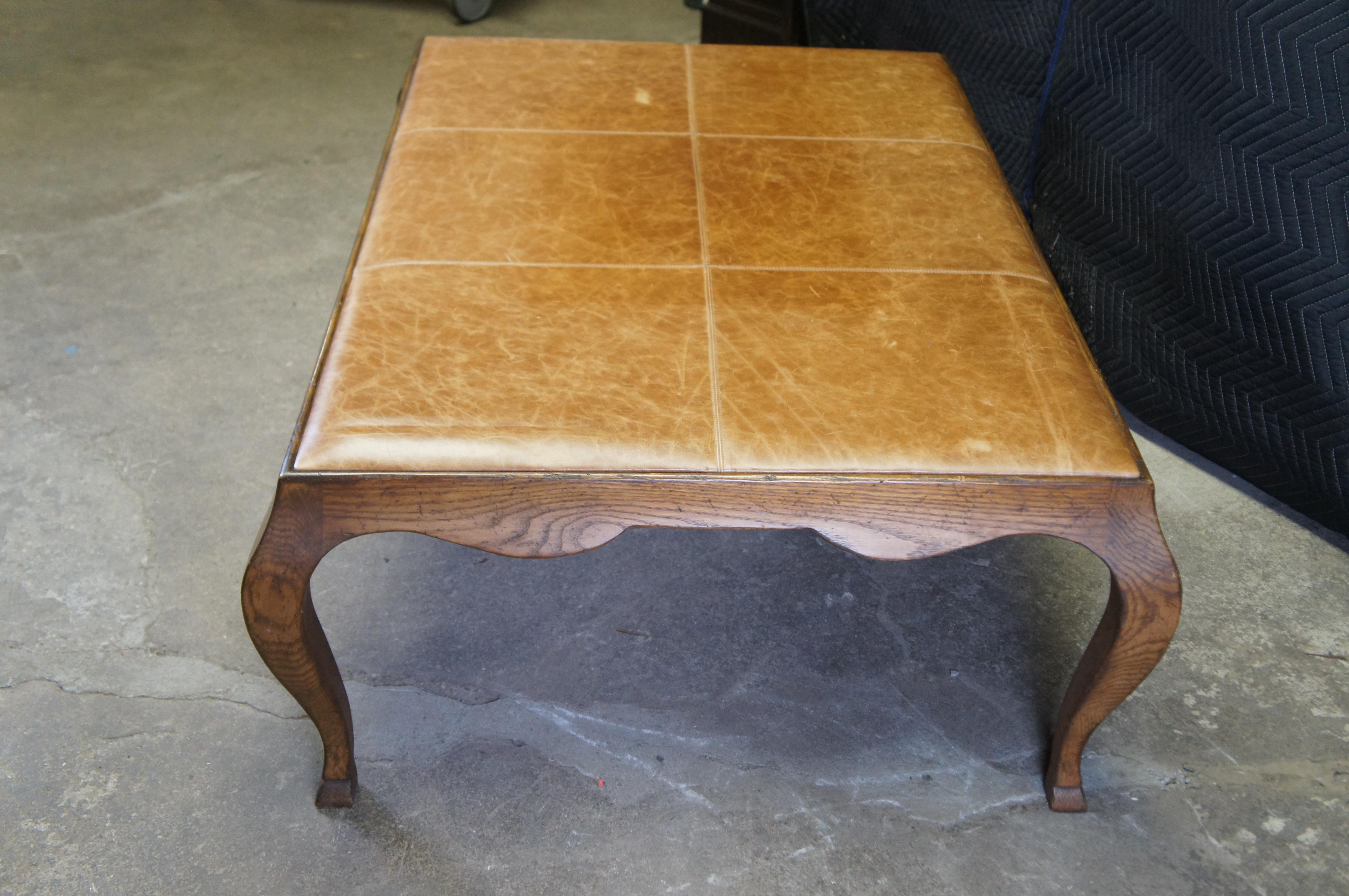 French Country Oak Leather Coffee Cocktail Table Ottoman 58