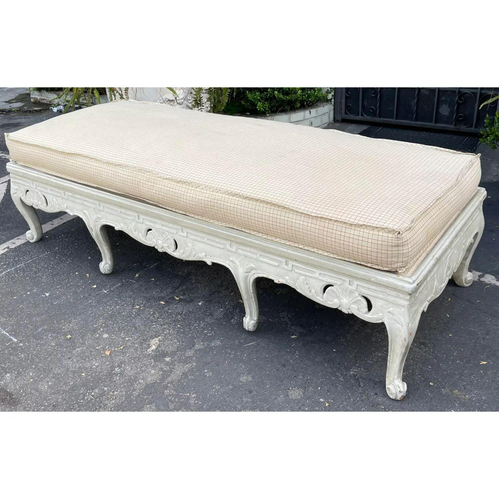 French Provincial Antique French Country Paint Decorated Bench with Down Filled Cushion For Sale