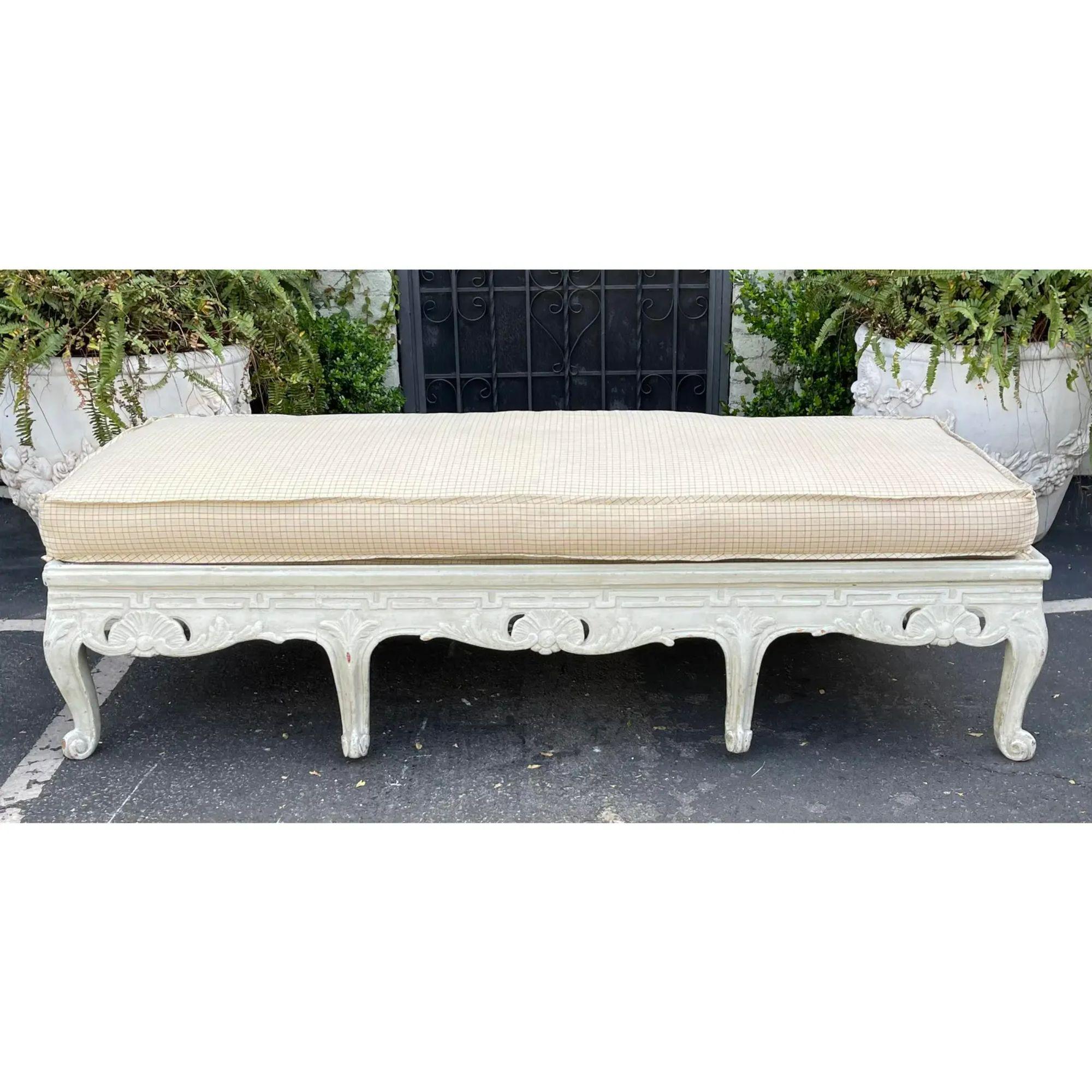 Antique French Country Paint Decorated Bench with Down Filled Cushion In Good Condition For Sale In LOS ANGELES, CA