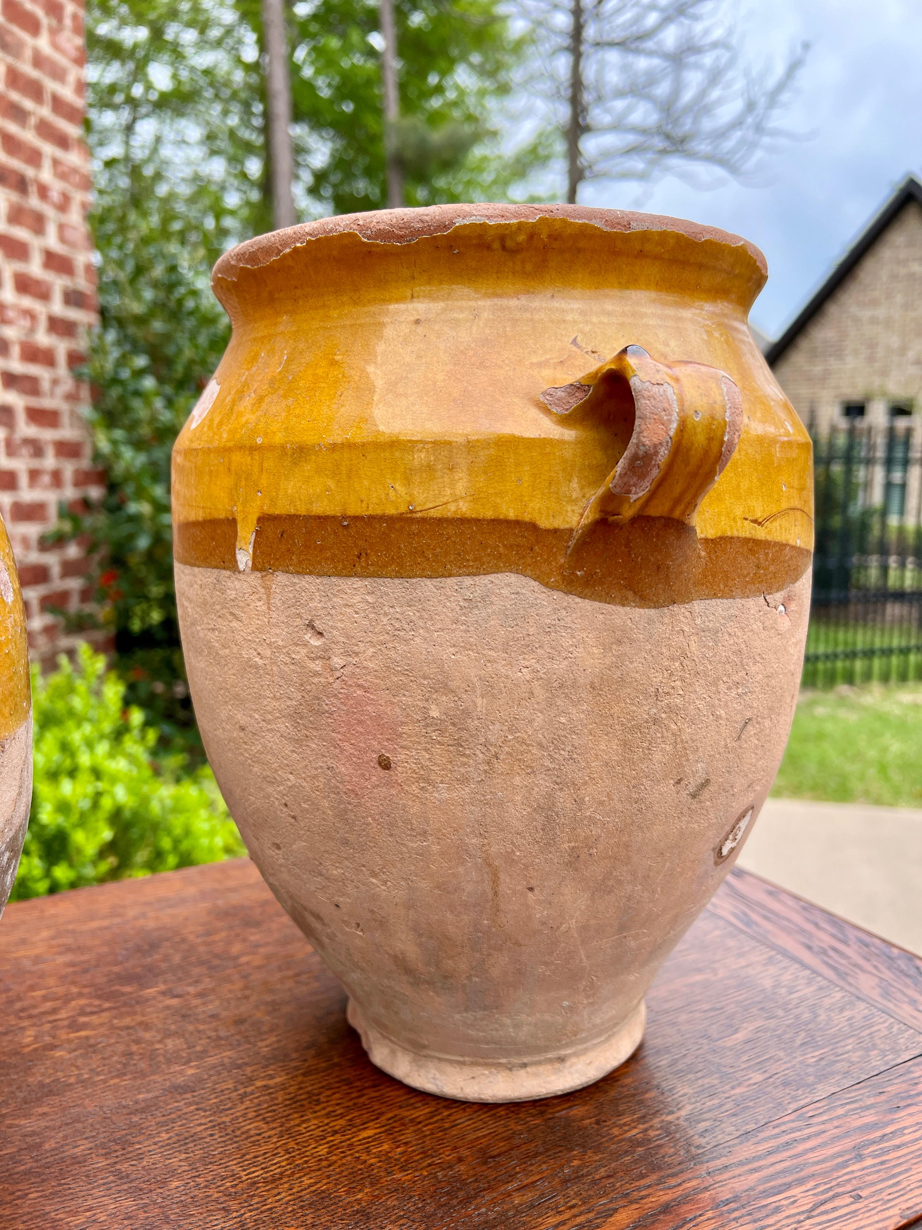 Antique French Country PAIR Confit Pots Pottery Jugs Glazed Ochre Yellow Large Cerámico en venta