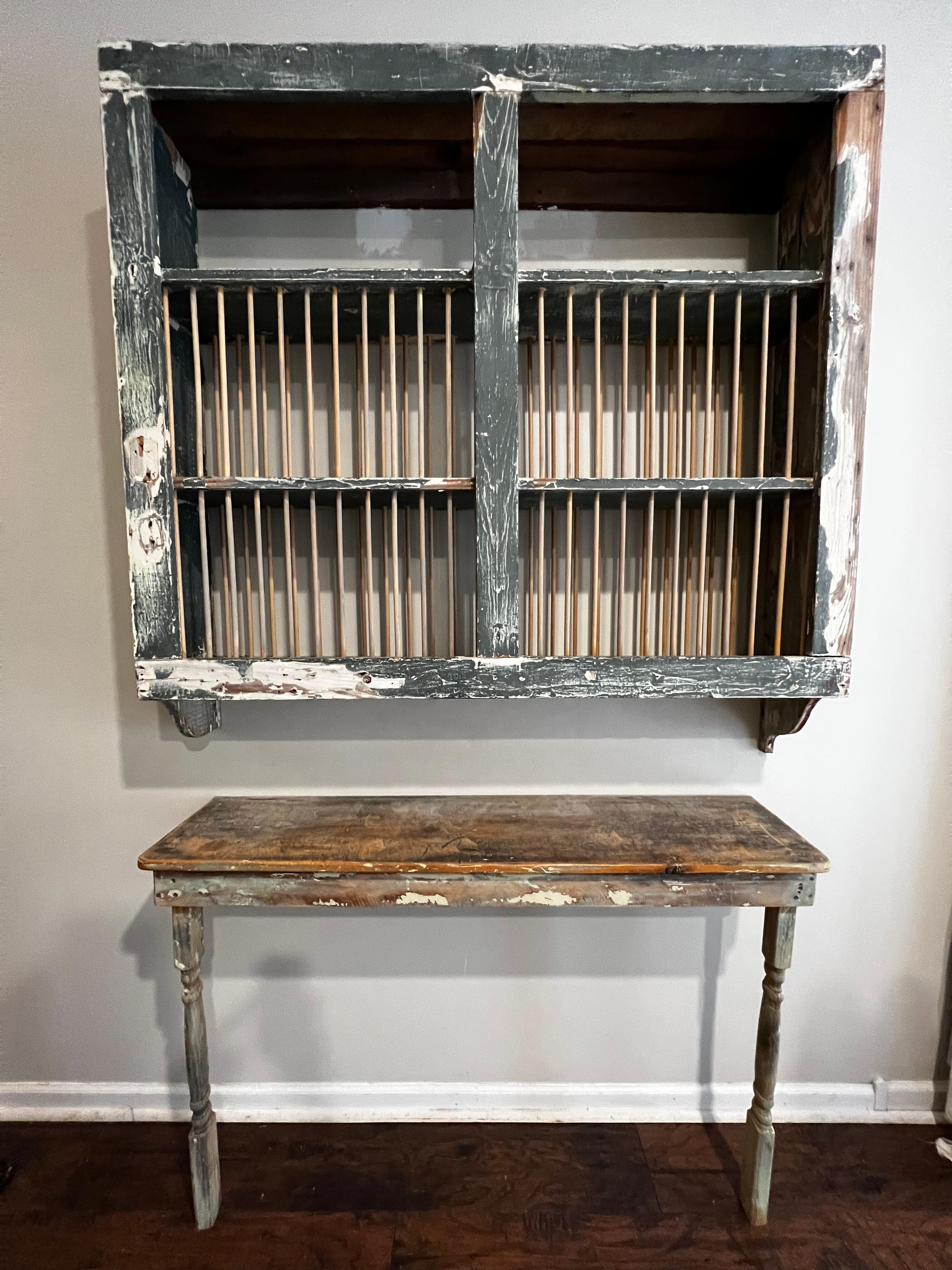 Antique French Country Plate Rack / Cupboard with Base Table, Rustic Green 6