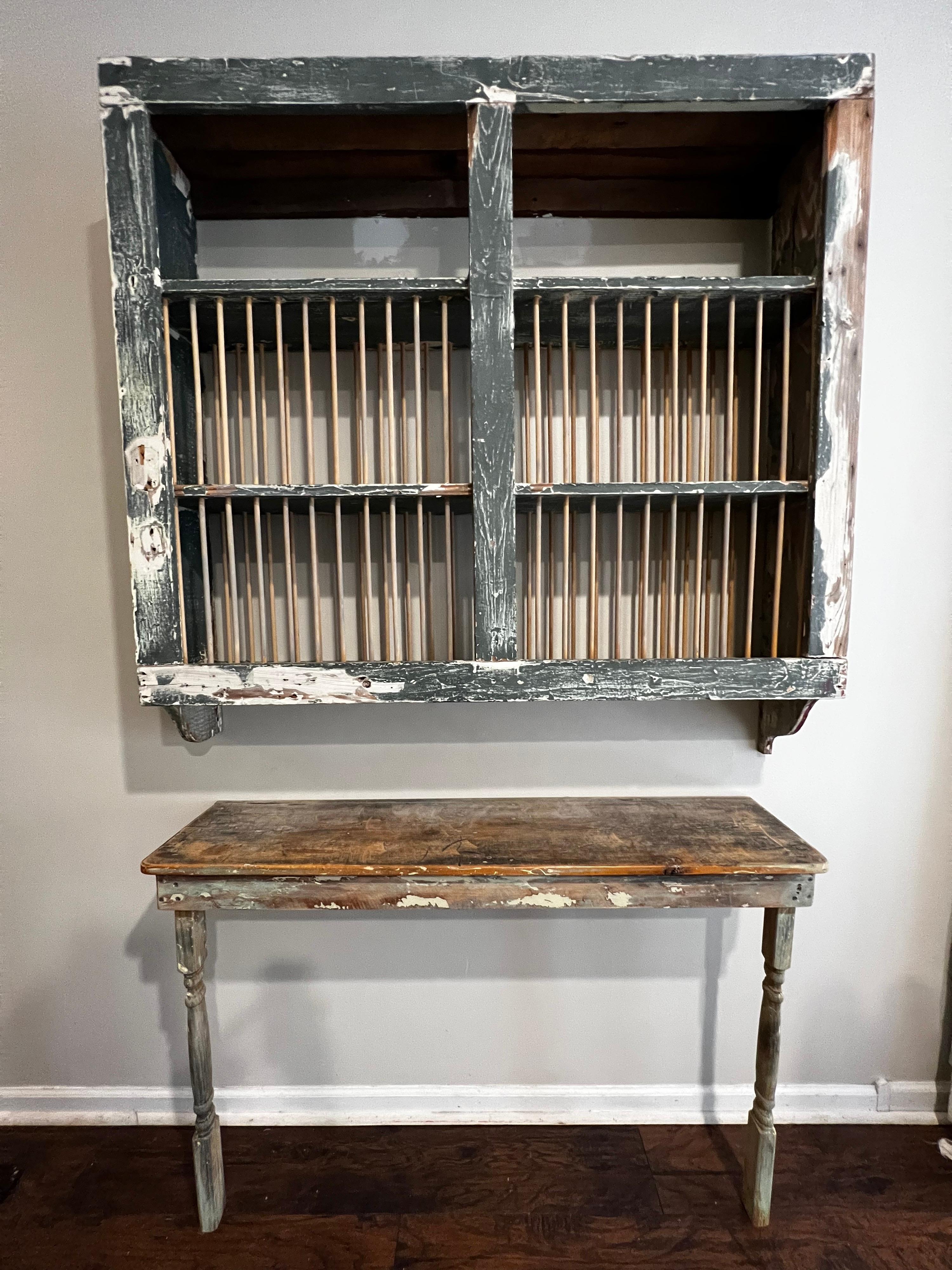 Here is a gorgeous unique Late 18th / Early 19th Century dish drying rack with lower table. Can be separated into two pieces or set up as one solid piece. 

Display your beautiful china collection with easy access to wash/dry. Top shelf and lower