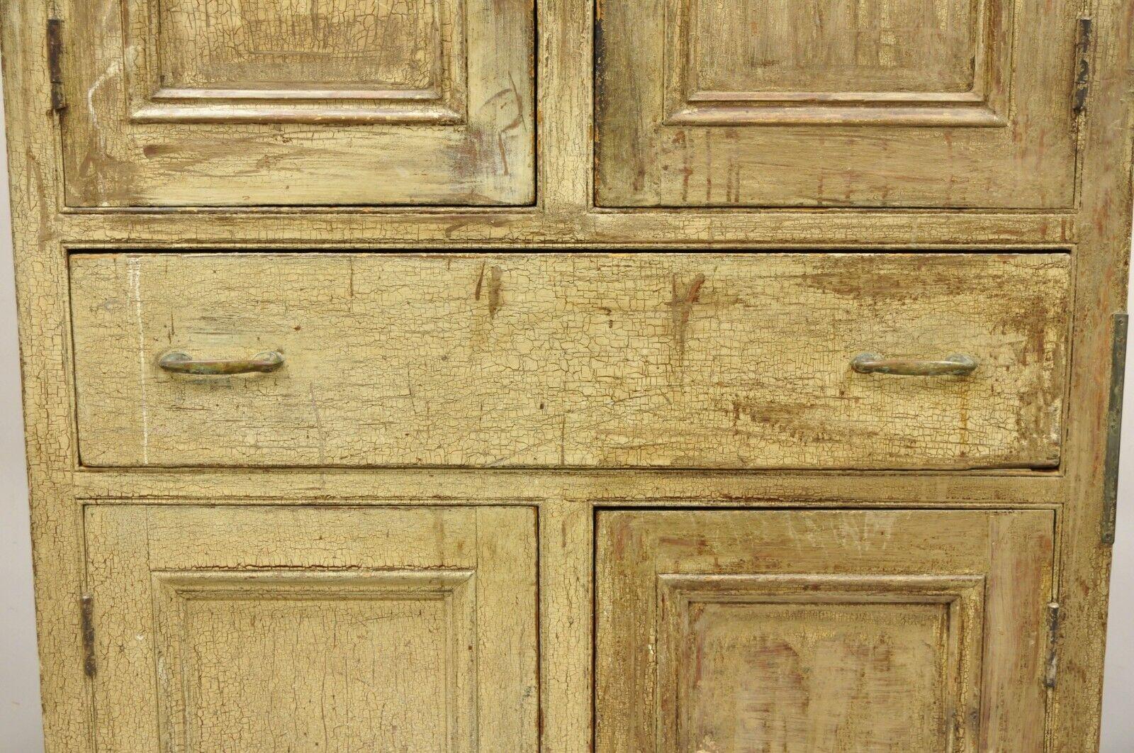 Antique French Country Primitive Beige Distressed Painted Cupboard Hutch Cabinet For Sale 8
