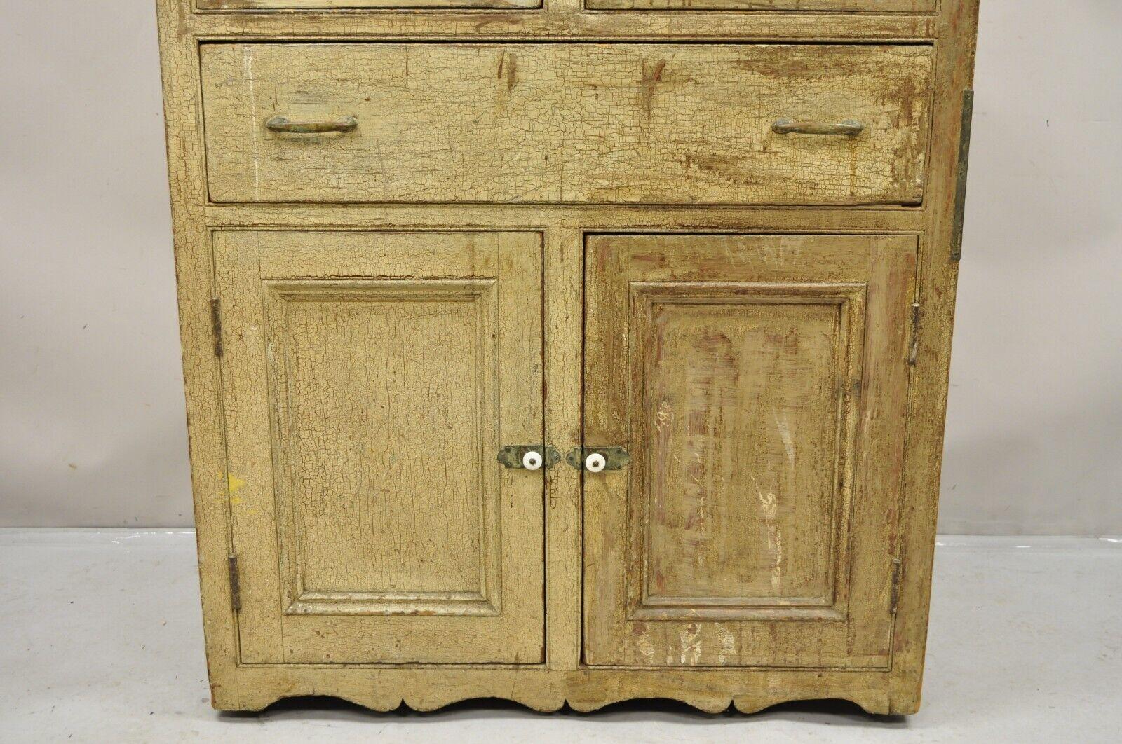 Antique French Country Primitive Beige Distressed Painted Cupboard Hutch Cabinet For Sale 3