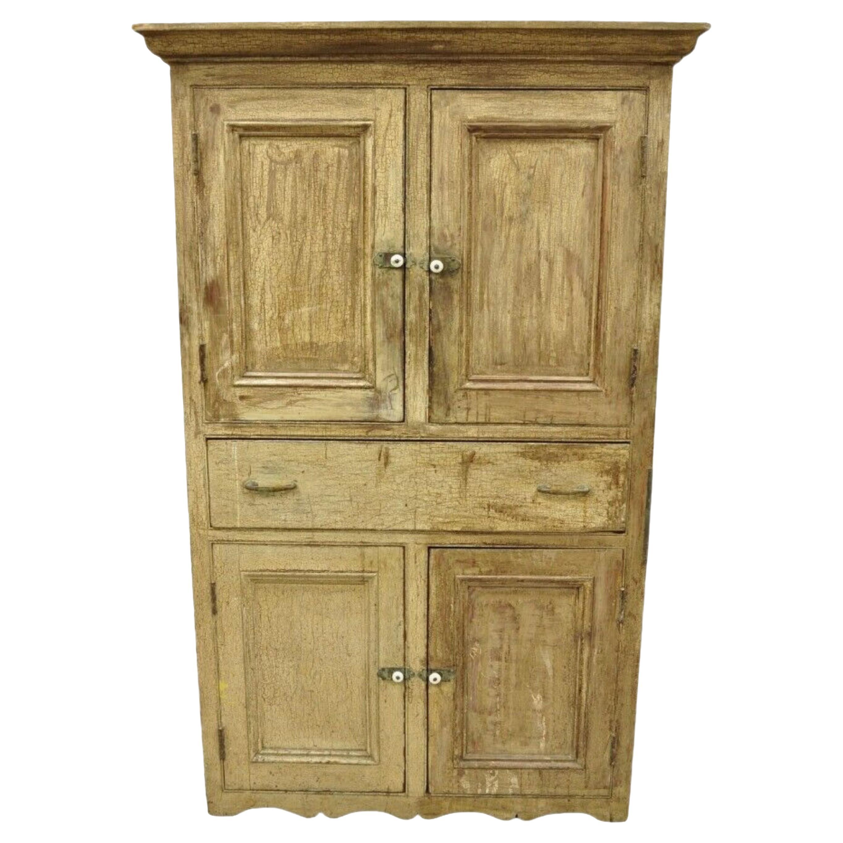 Antique French Country Primitive Beige Distressed Painted Cupboard Hutch Cabinet For Sale