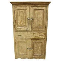 Used French Country Primitive Beige Distressed Painted Cupboard Hutch Cabinet