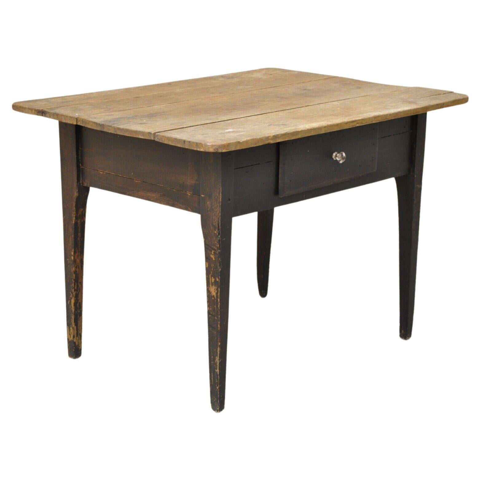 Antique French Country Rustic Black Distress Painted 1 Drawer Breakfast Table For Sale