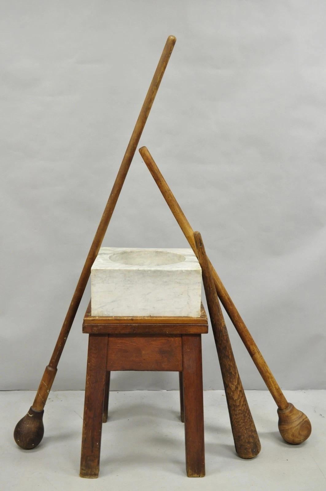 Please message us with your zip code to request a more reasonable domestic U.S. shipping quote.

Antique French Country Primitive Carved Marble Mortar and Pestle on Solid Wood Primitive Base with 3 Large Wooden Pestles. Marble alone is approximately